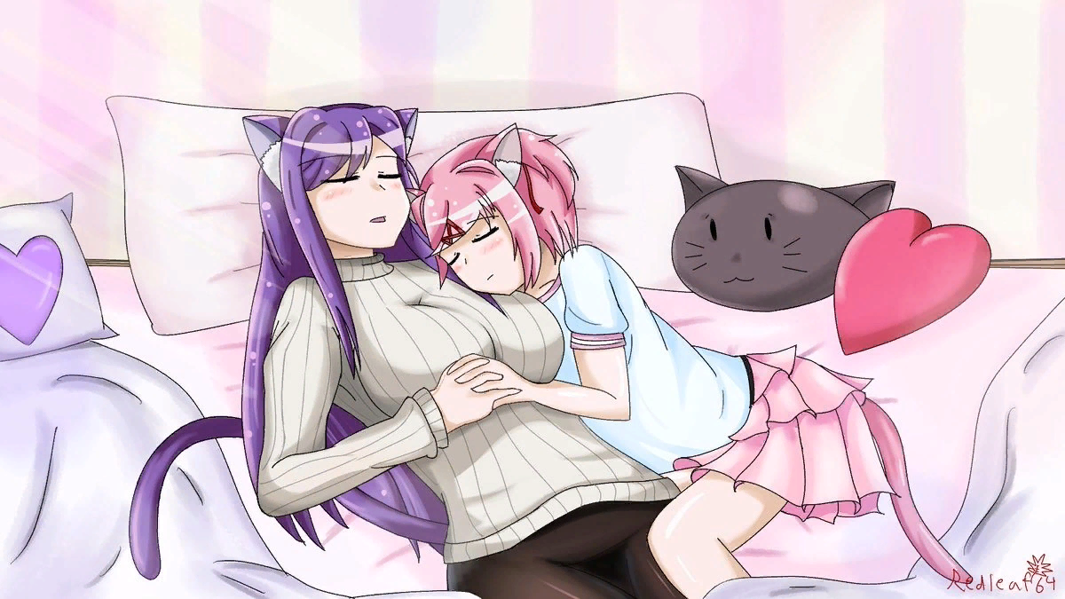 Catsuki and Catyuri sleeping - Doki Doki Literature Club, Natsuki, Yuri DDLC, Anime art, Visual novel, Neko
