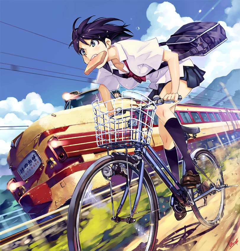 The girl overtakes the train - Beautiful girl, A train, A bike, Anime art, Anime original, Anime, Overtaking, Japan