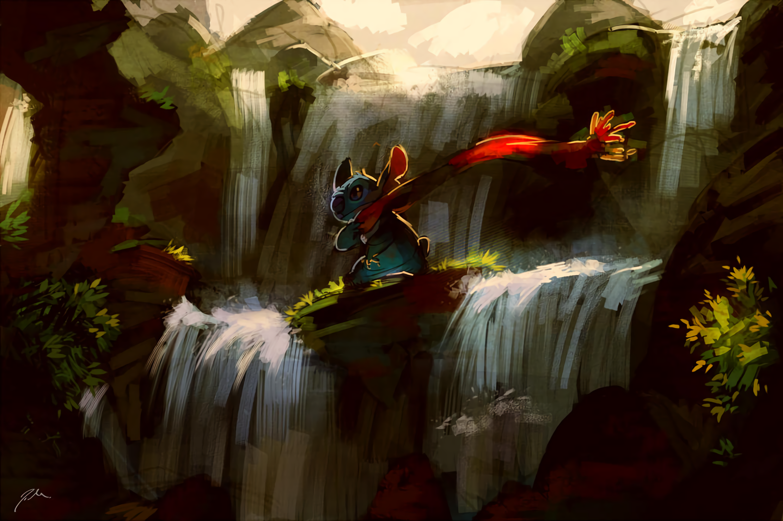 Stitch at the waterfall - Art, Walt disney company, Cartoons, Lilo and Stitch, Stitch, Waterfall, 