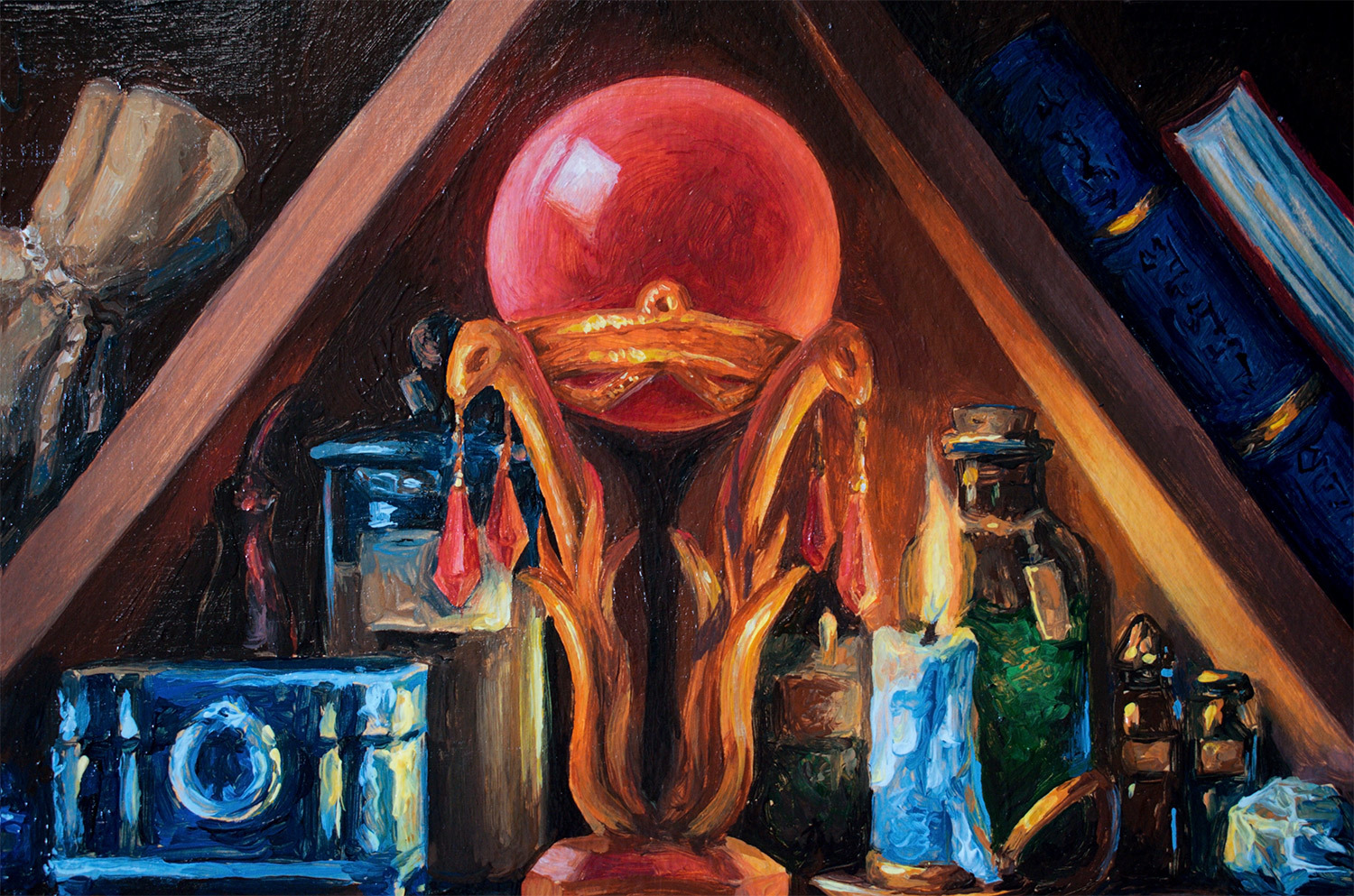 In the alchemist's laboratory (acrylic, paper) - My, Painting, Acrylic, Painting, Laboratory, Alchemy, Hermeticism, Esoterics, Still life, Longpost