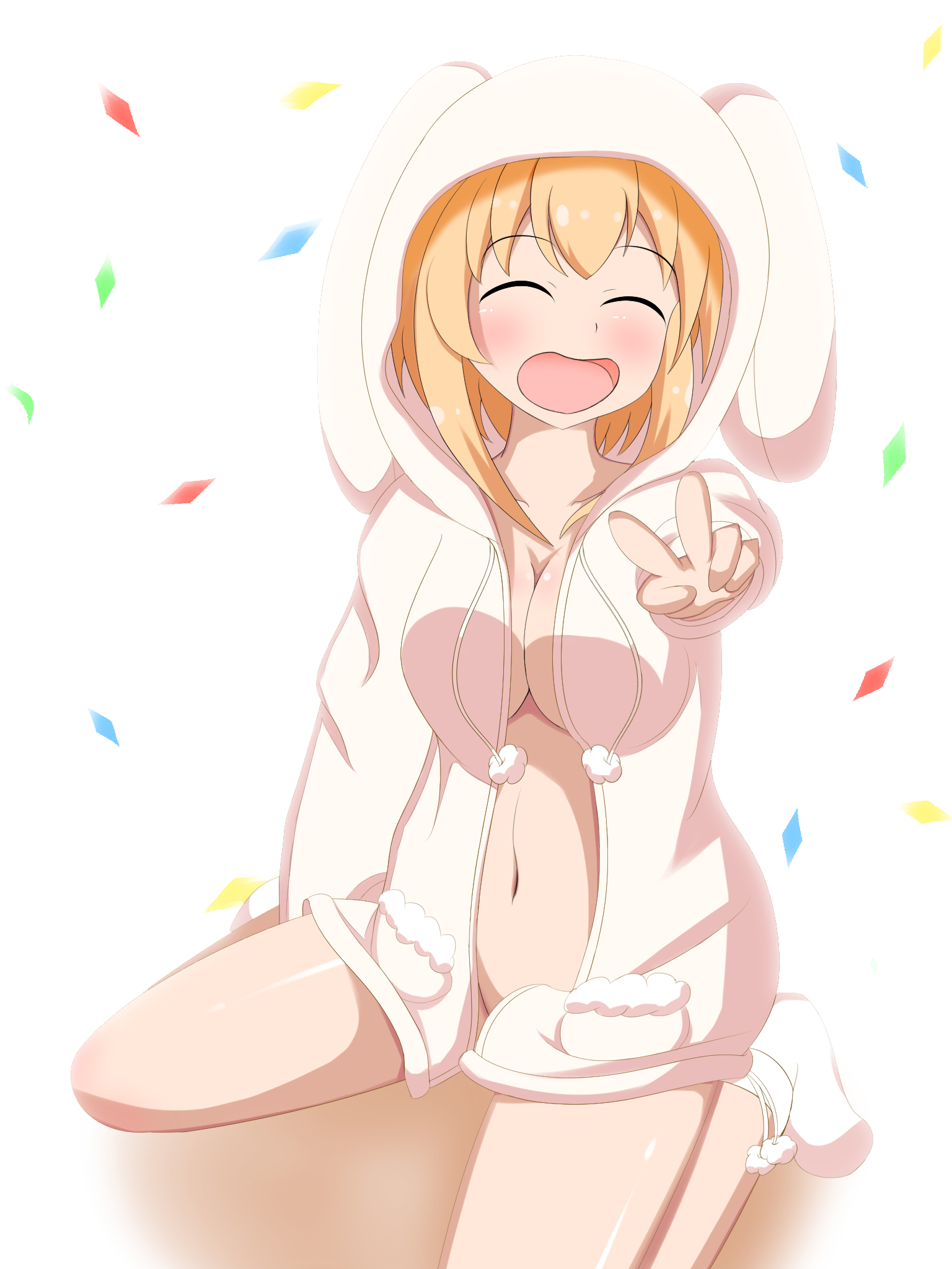 Naked with hoodie - NSFW, Anime, Anime art, Anime original, Animal ears, , Breast, Nipples, Pantsu, Longpost