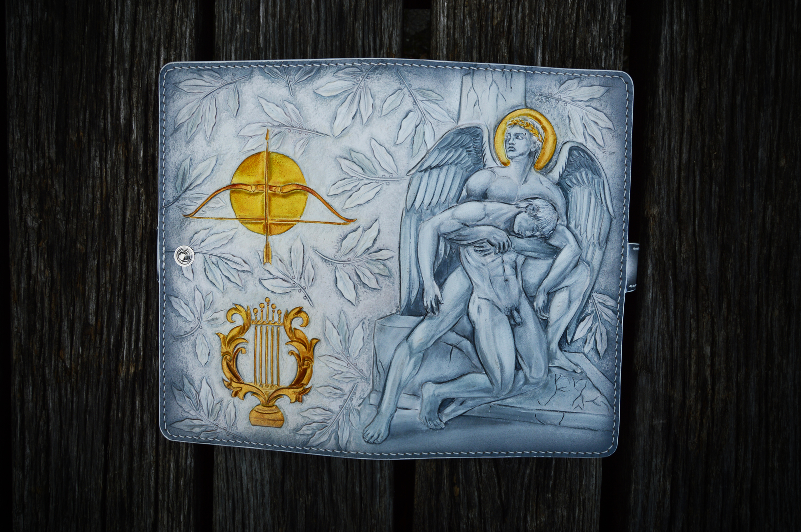 Apollo. Long wallet. - NSFW, My, Apollo, Wallet, Embossing on leather, Angel, Lyre, Onion, laurel, Longpost