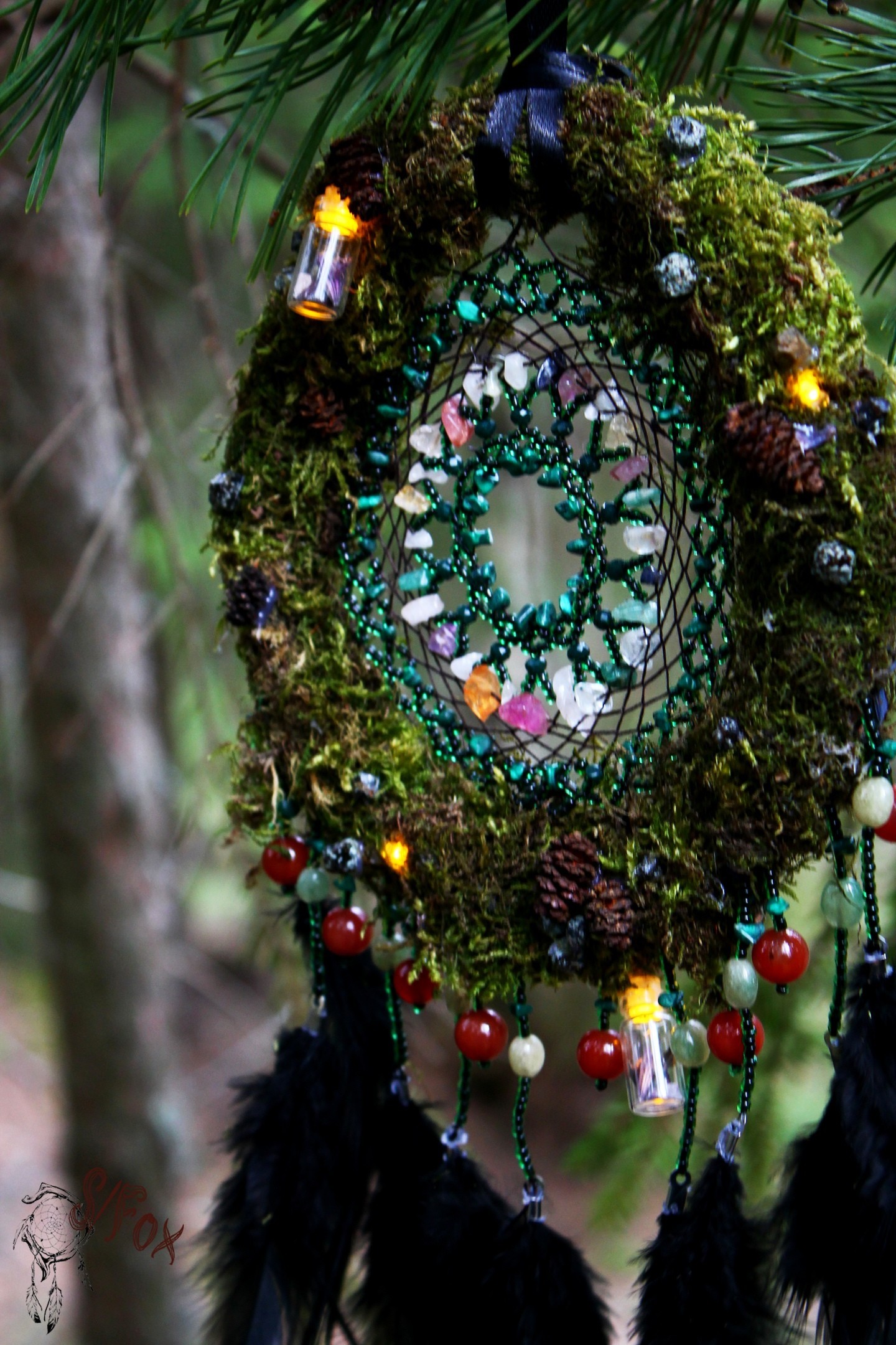 Dream catcher wandering lights - My, Needlework, Needlework without process, Dreamcatcher, Handmade, Moss, Longpost, Crystals, Magic