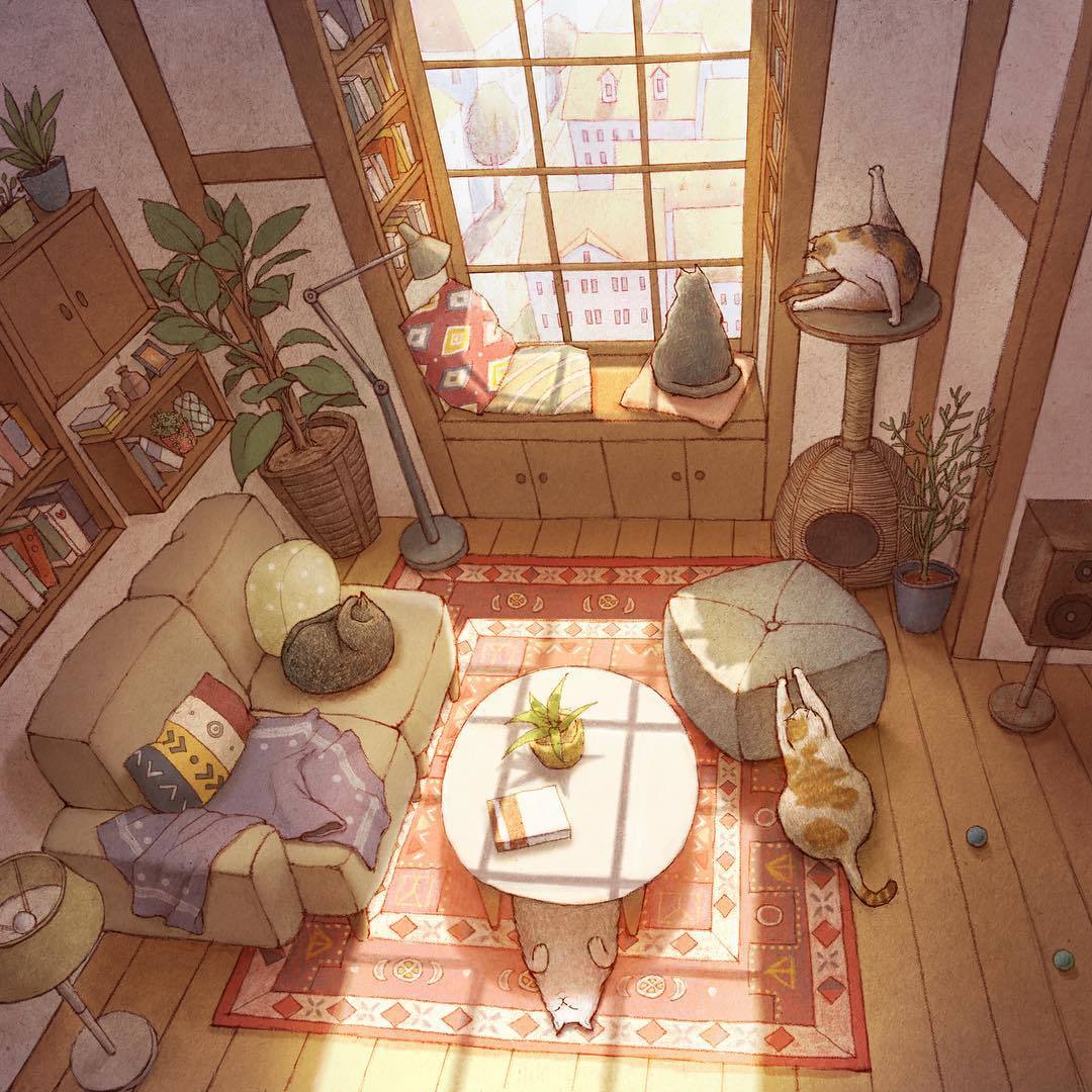 Cozy cat world from Korean artist Limduey - cat, Artist, Limduey, Art, Longpost