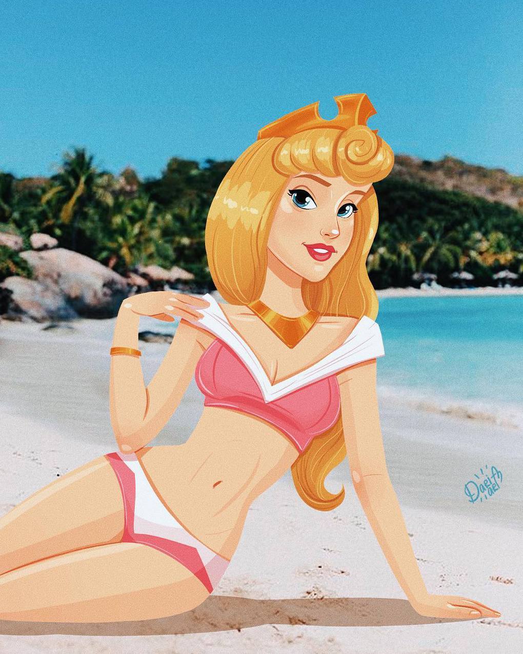 Disney princesses in swimsuits - beach pin-up from Daria Artemyeva - Walt disney company, Disney princesses, Cartoons, Characters (edit), Story, , Pin up, Longpost, Swimsuit, Art