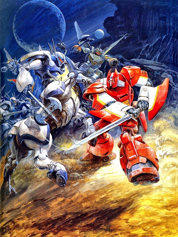 Robot battles by Japanese illustrator Yoshiyuki Takani - Robot, Fighters, Illustrations, , Painting, Fantasy, Military equipment, Knight, Longpost