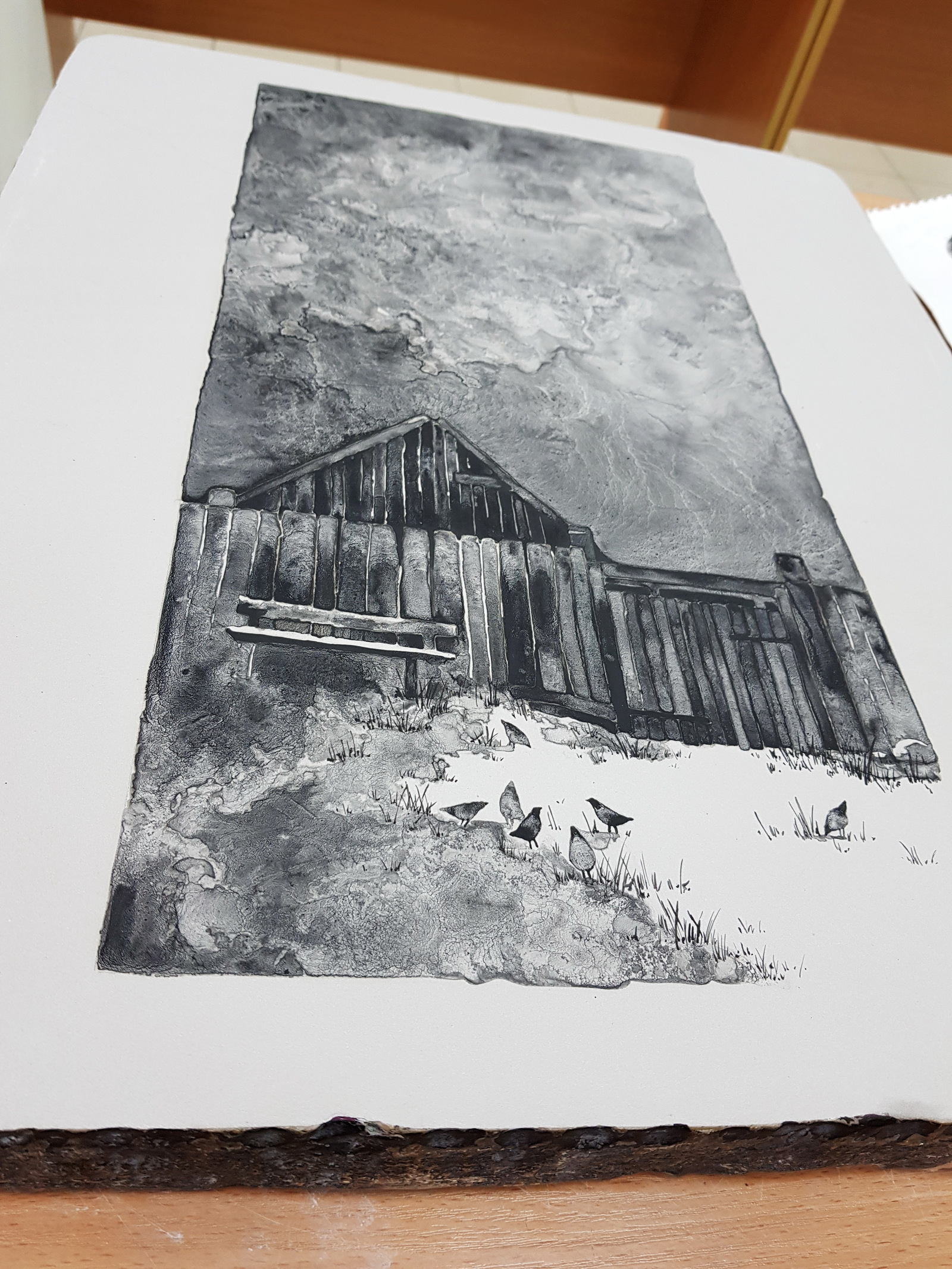 Ink wash - My, Art, Lithography, House in the village, Sky, Mascara, Art, Longpost