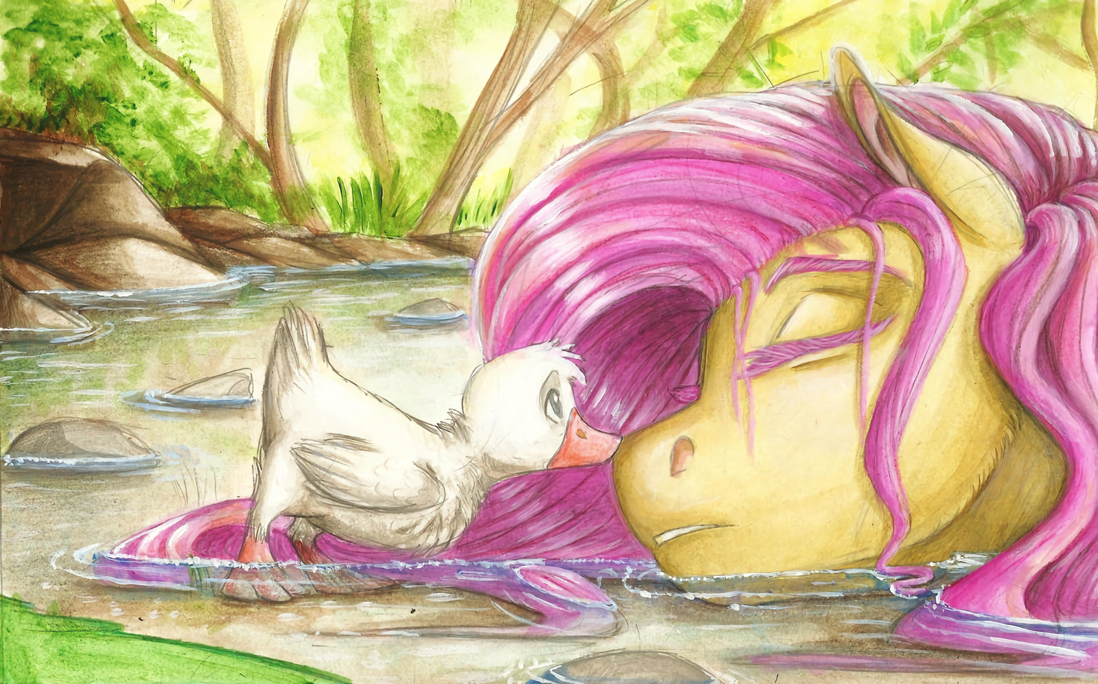 Summertime Nap - My little pony, Fluttershy, Ducklings, Dream, Watercolor, , Earthsong9405