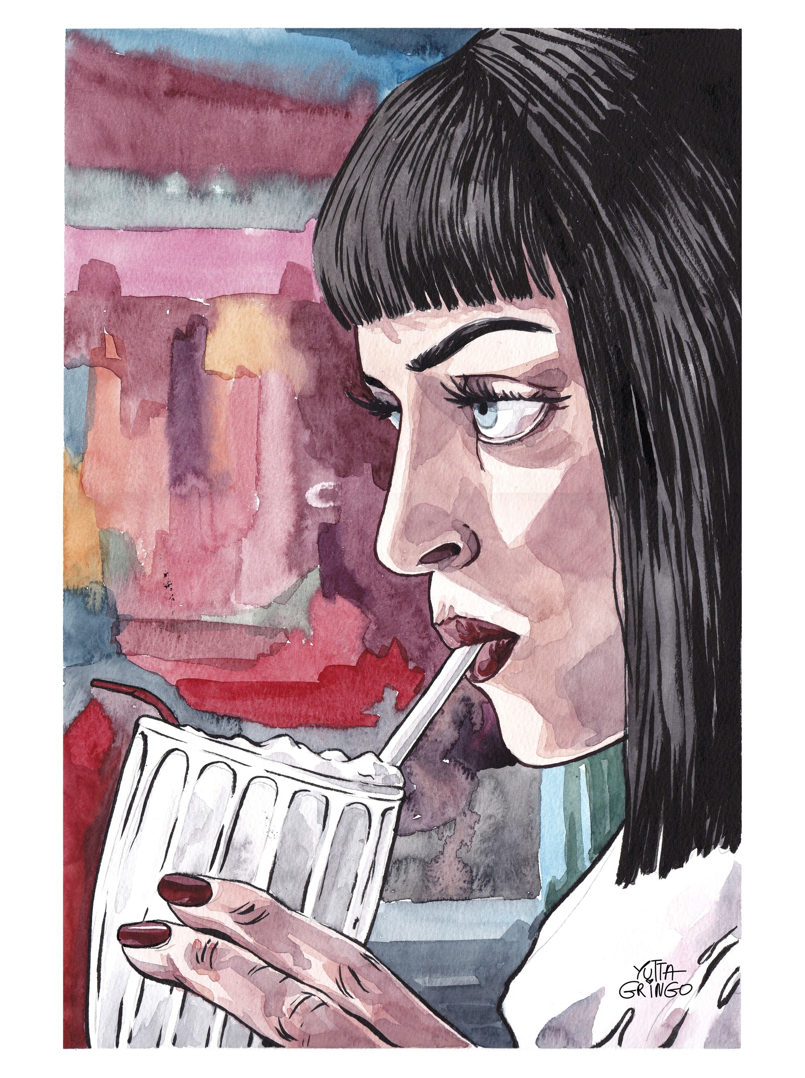 Mia. Watercolor. - My, Watercolor, Drawing, Pulp Fiction, Fan art, Wet watercolor, Marker, Mia Wallace, Movies