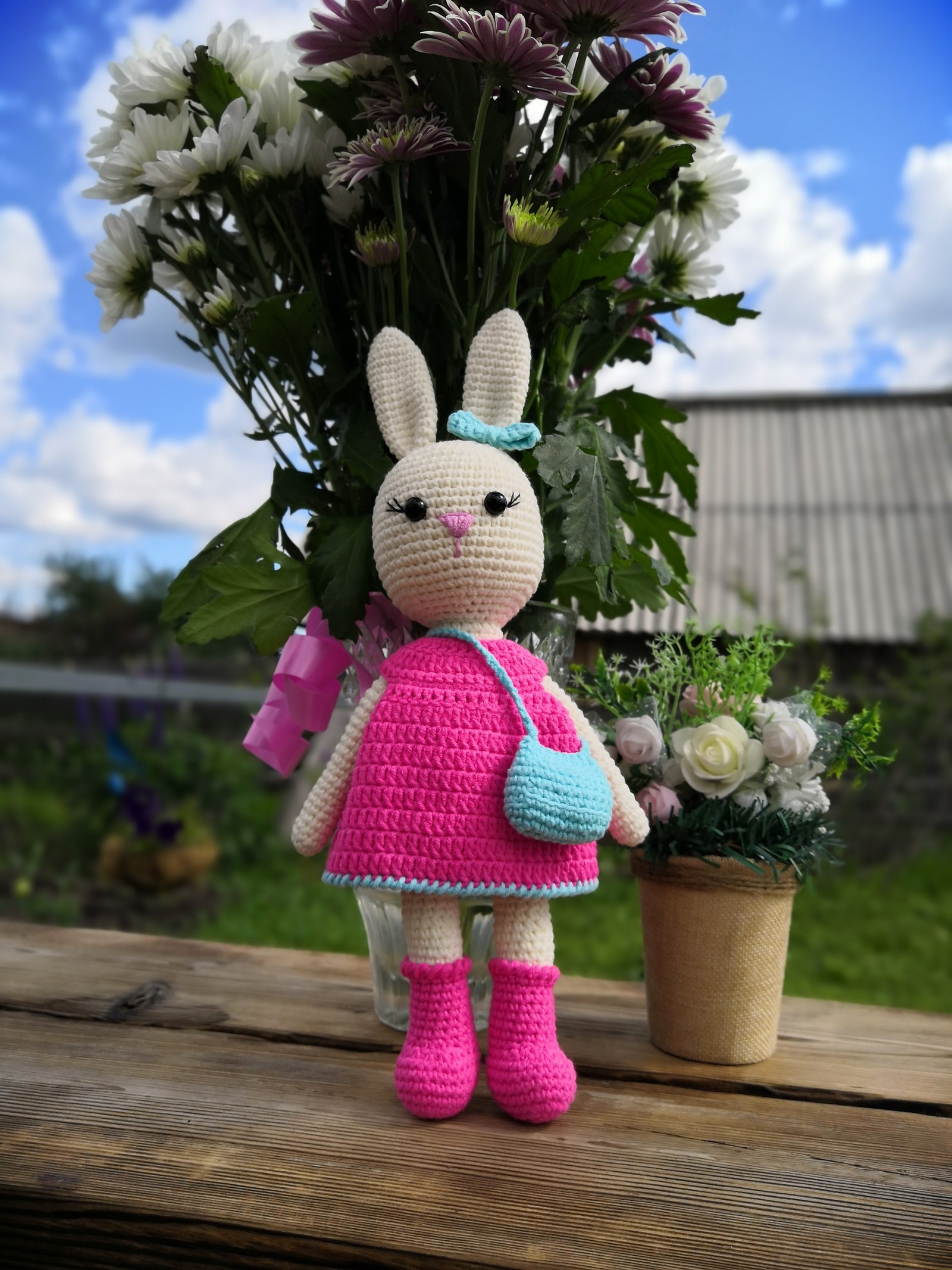 Bunny in a crochet dress - My, I knit, Knitted toys, Toys, Crochet, Knitting, Longpost, Needlework without process