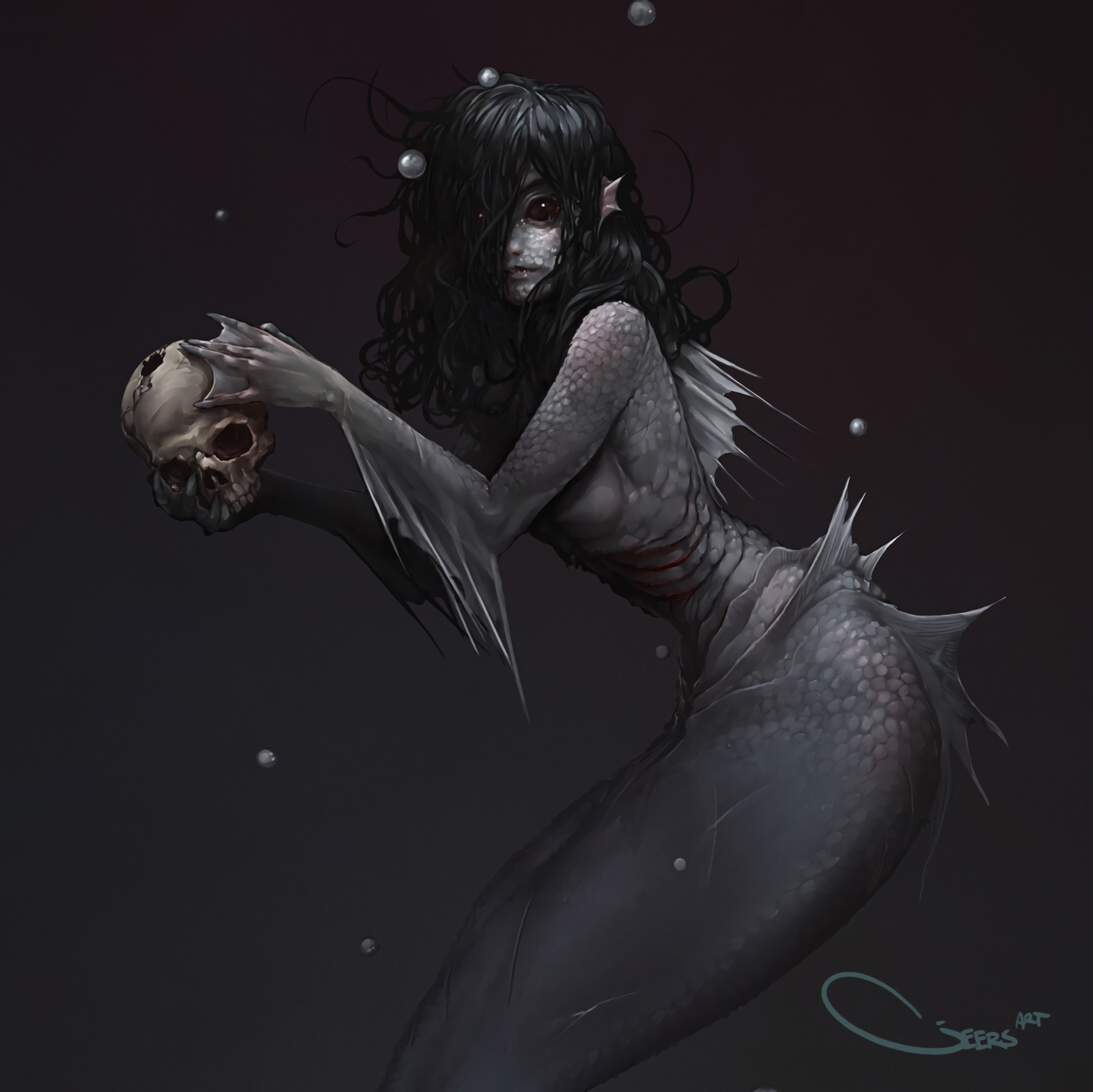 Mermaid - Арт, Цифровой рисунок, Русалка, Череп, Крипота, Darrengeers, Длиннопост