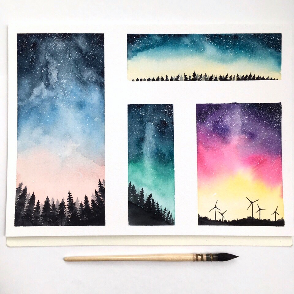 Watercolor space sunsets :) - My, Drawing, Watercolor, Sunset, Stars, Sky, Stars