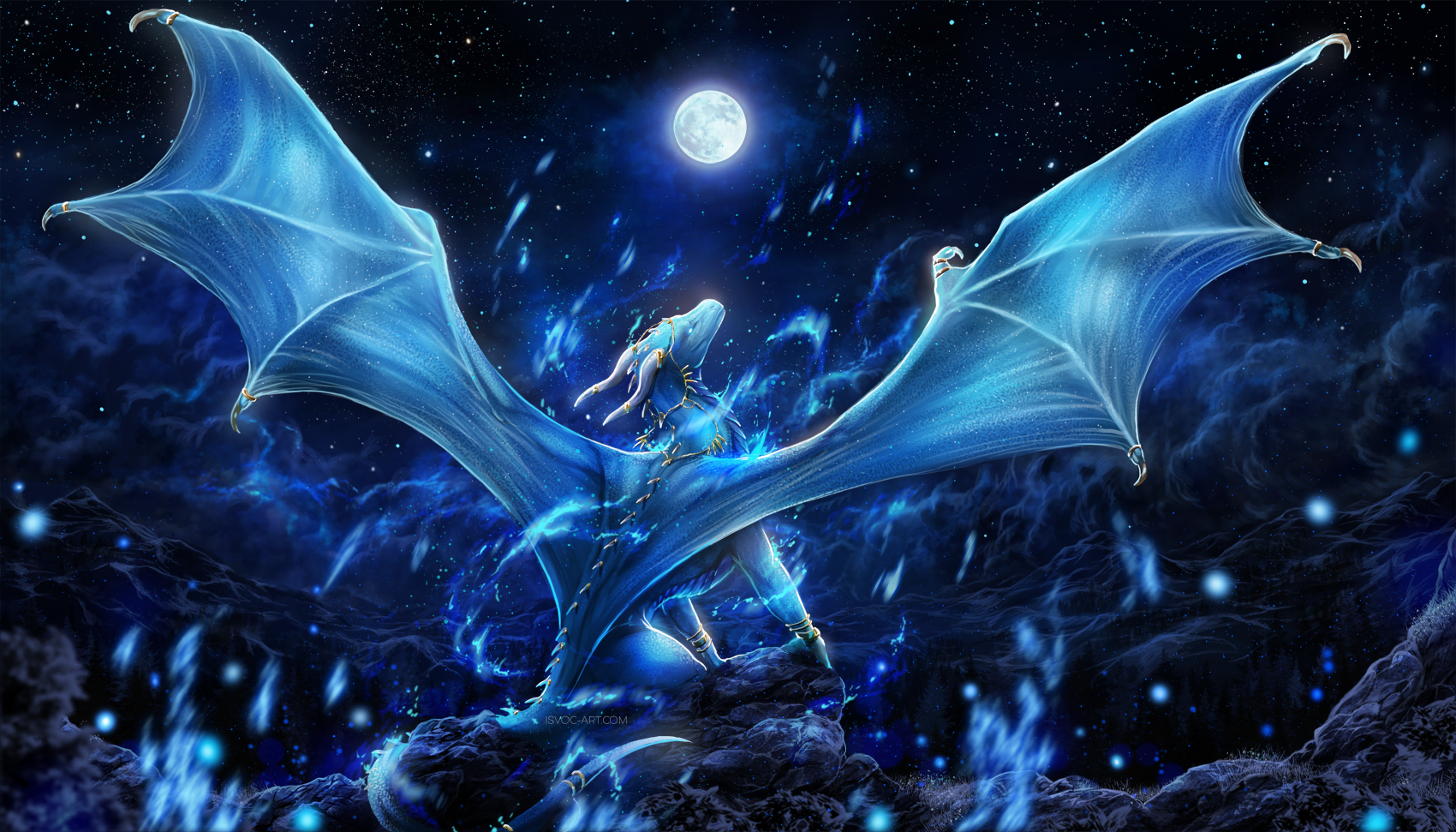 moon magic - Leilryu, The Dragon, Fantasy, Night, Magic, Drawing