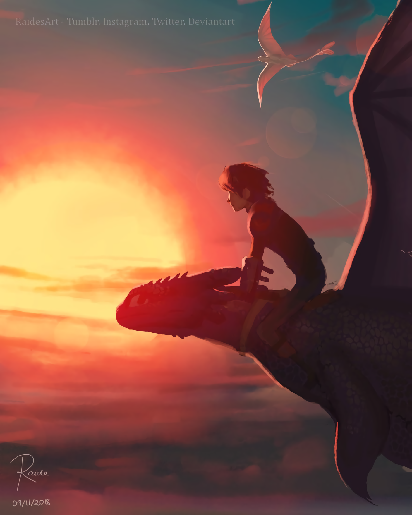 Above the Clouds - Art, How to train your dragon, Hiccup, Toothless, Day Fury, The Dragon, Sunset, Raidesart
