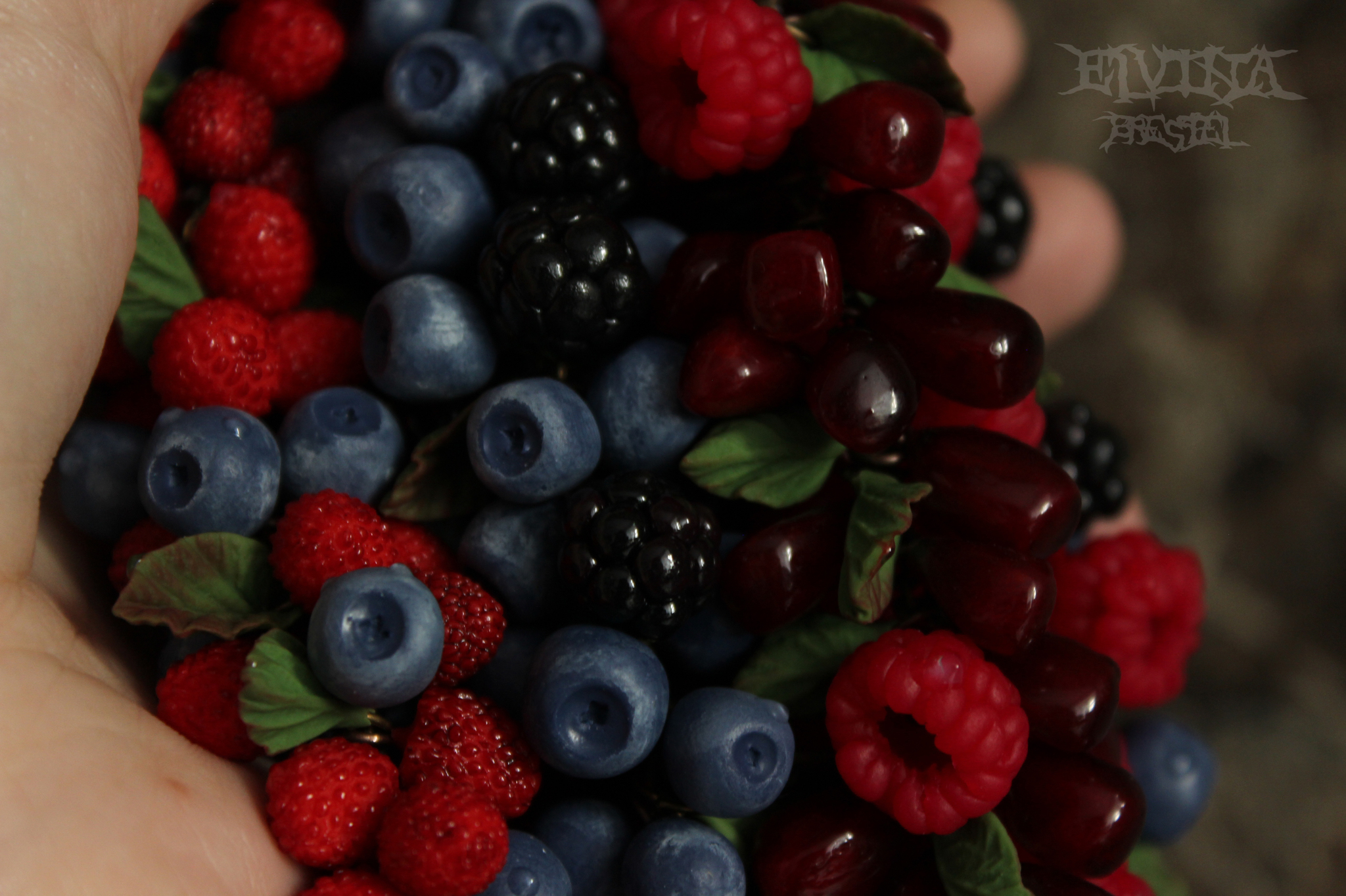 Strawberry, blueberry, cherry, raspberry, pomegranate, blackberry - My, Polymer clay, A bracelet, Longpost