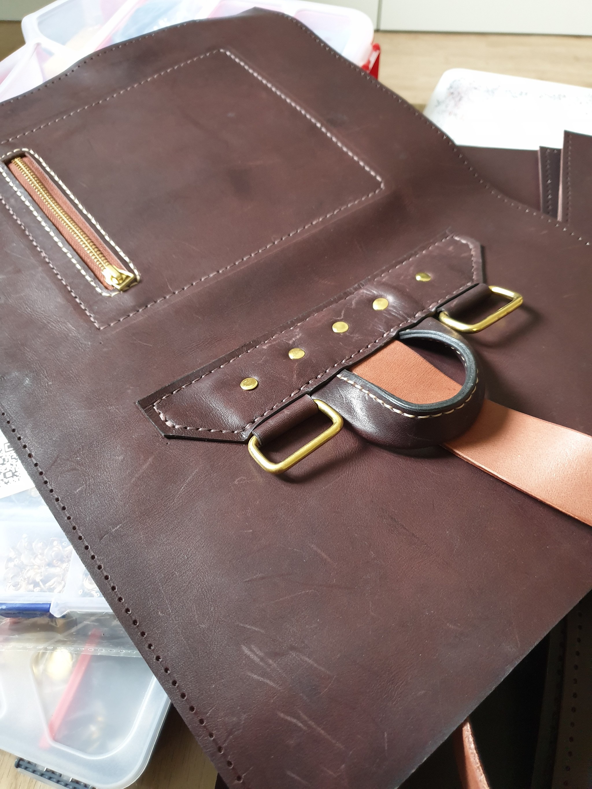 First leather backpack - My, Leather craft, Longpost, Leather products, Backpack, Leatherwork, Handmade, Hobby