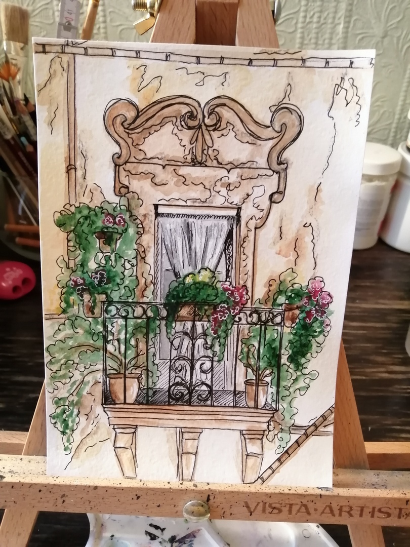 Balcony - My, Sketch, Micron, Balcony, Italy, Longpost, Watercolor, Drawing