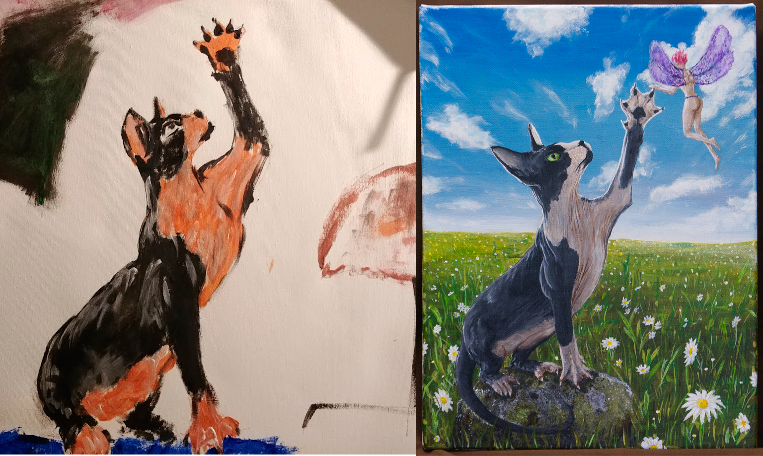 Repainted my first painting - My, Canadian sphinx, Acrylic, Painting, Progress, cat, Animals, Fairy, Field