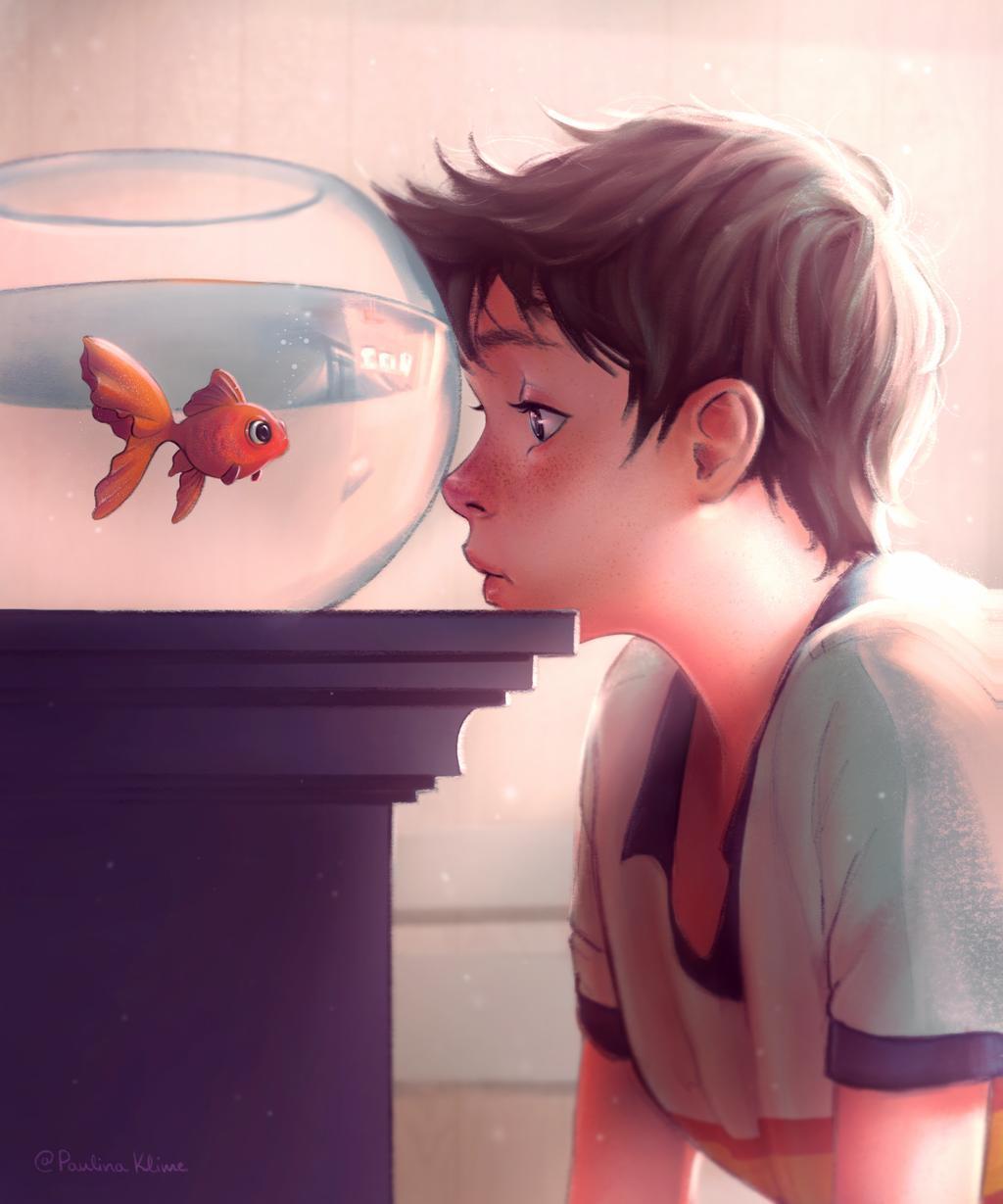 gold fish - Art, Drawing, Gold fish, Boy, Paulinaklime