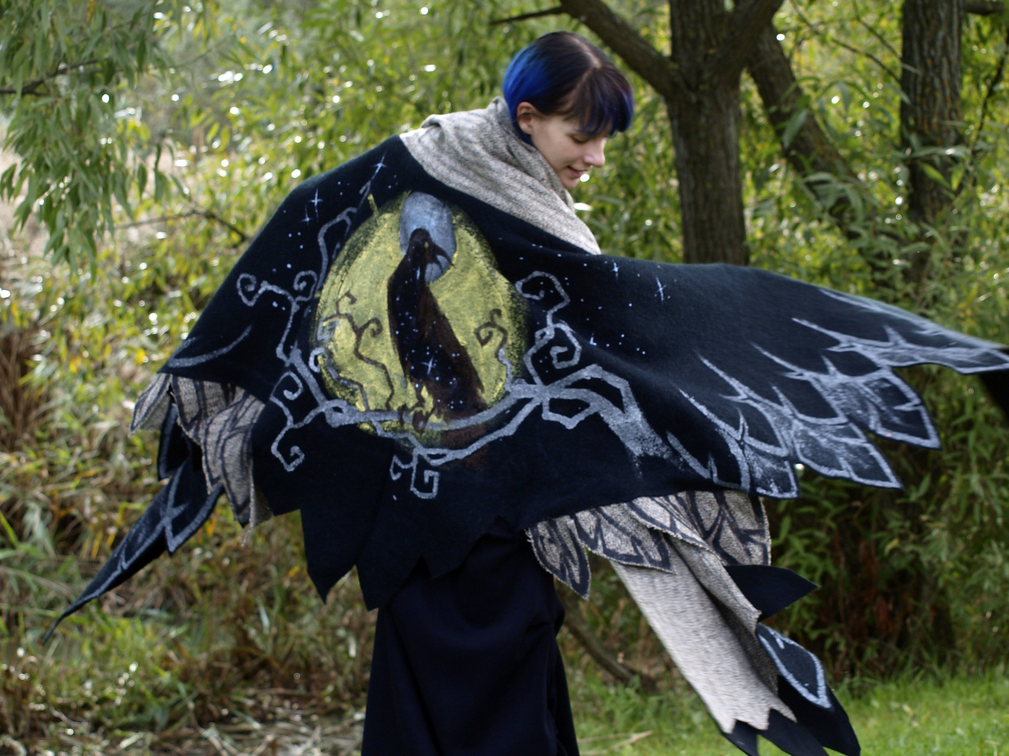 Shawl-wings Crow - My, Kai Yara, Warm clothes, Painting on fabric, Shawl, Boho, Fairy, Halloween, Longpost, Crow