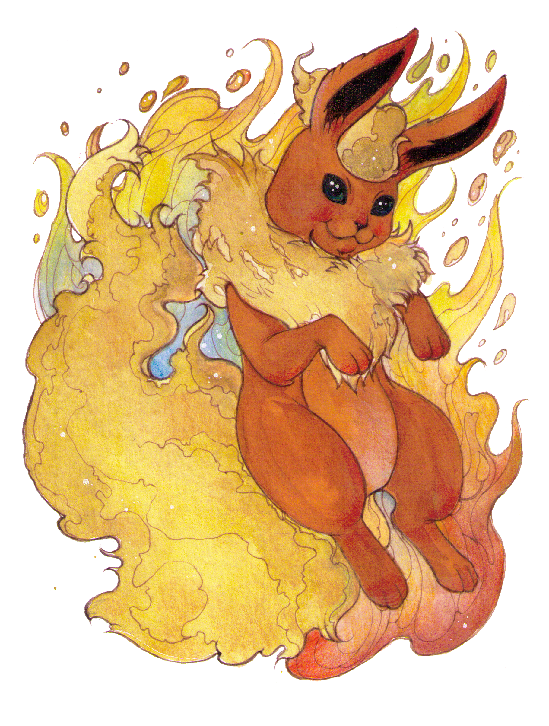 Flareon & Vaporeon - My, Flareon, Vaporeon, Drawing, Watercolor, Colour pencils, Watercolor pencils, Pokemon, Fan art, Longpost