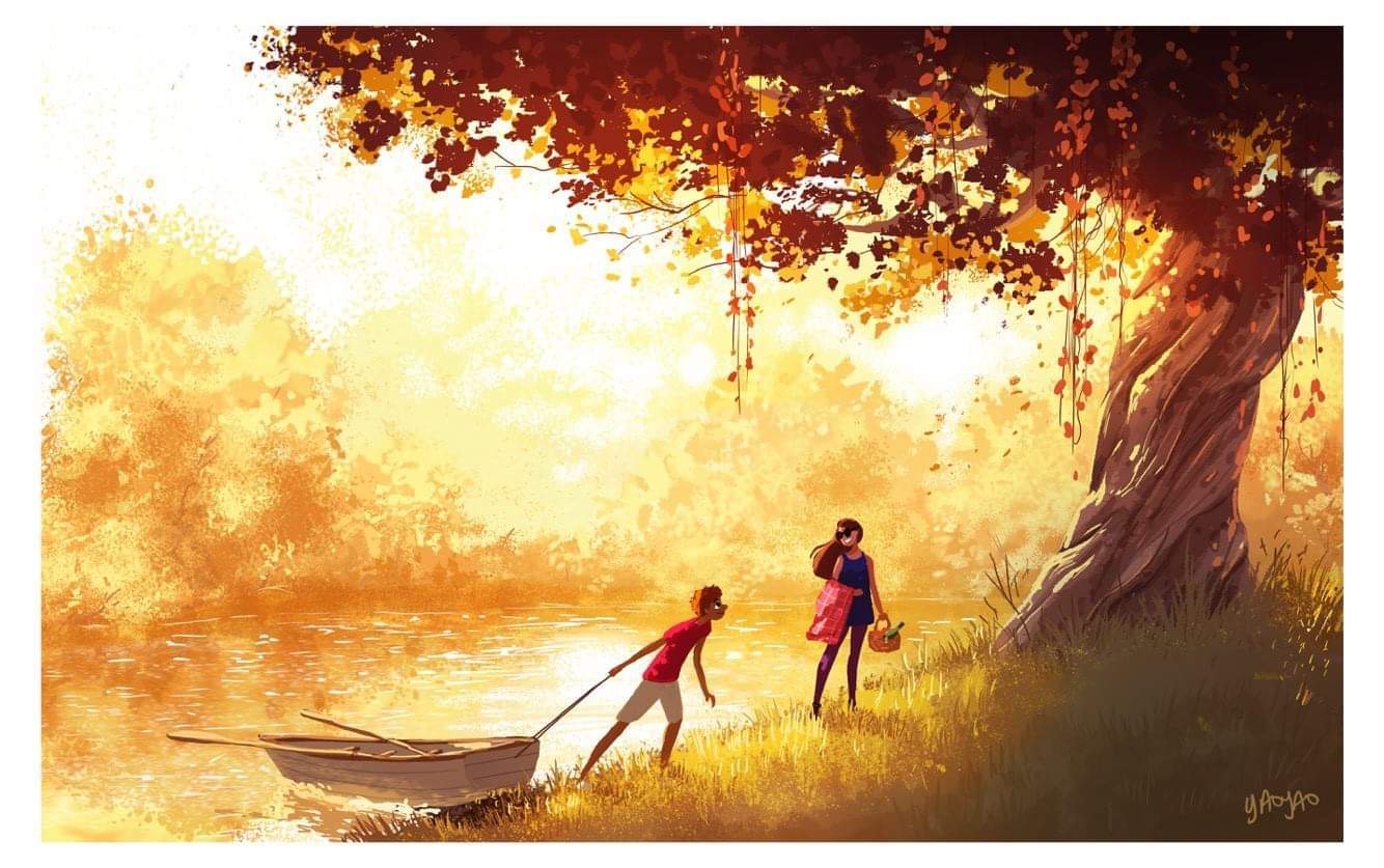 Autumn.. - Art, Yaoyaomva, Girls, Dog, Autumn, Drawing, Nature, Longpost