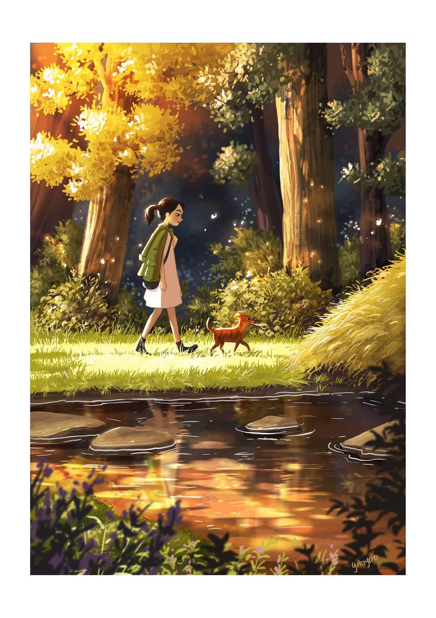 Autumn.. - Art, Yaoyaomva, Girls, Dog, Autumn, Drawing, Nature, Longpost