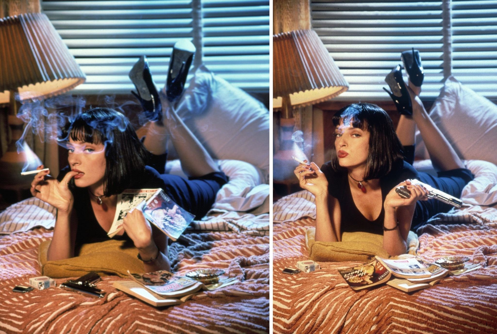 Uma Thurman in the photo shoot for Pulp Fiction, which became the basis for the famous poster (1994). - Uma Thurman, Pulp Fiction, Quentin Tarantino, Celebrities, The photo, 90th, Actors and actresses, Longpost